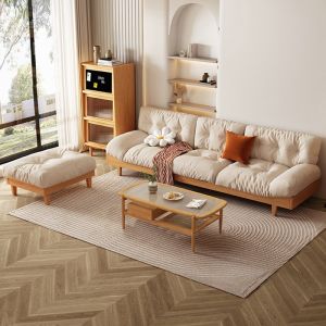 Fabric Sofa Solid Wood Sofa White Wax Wood Living Room Small Apartment