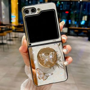 Yjj Cho Samsung Galaxy Z Lật 5 3 4 5G Dễ Thương Gương Bóng Chống Sốc Bìa Fundas Sang Trọng Nhẫn Bướm Đứng Chủ vỏ điện thoại