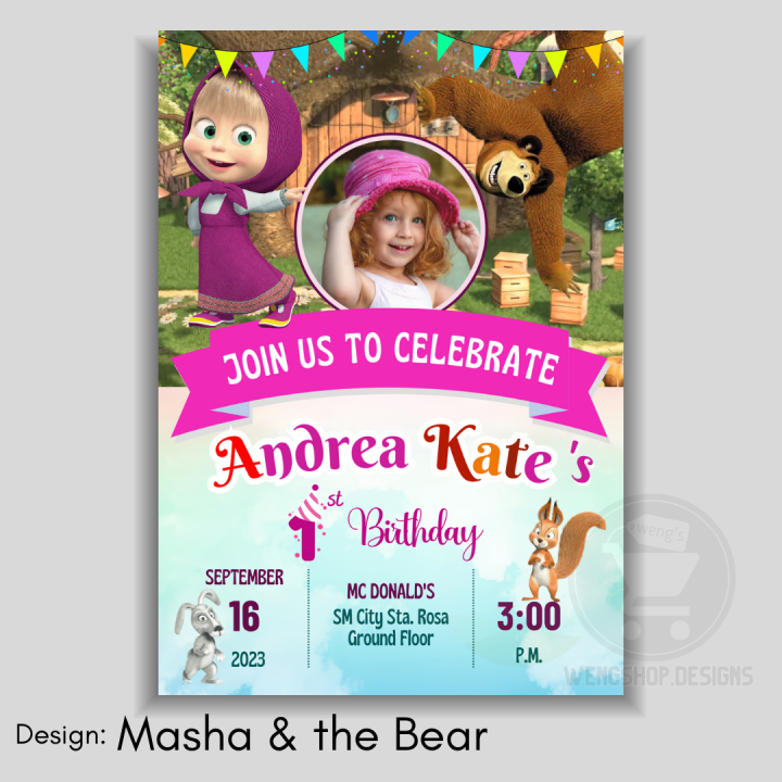 Birthday (girl) Invitation Card Set Of 12 Or 9 Masha And The Bear 