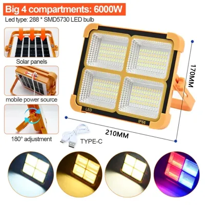 6000W Solar Emergency Light Outdoor Waterproof LED Floodlight With Power Bank Function Recharge Camping Flashlight for SOS Warning Hiking Outdoor Working Camping Power Outage