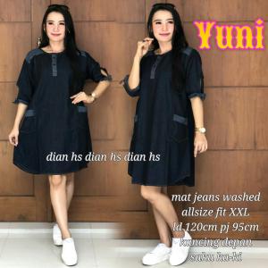 Yuni Dress Jumbo Wanita Korea Bahan Jeans XXL - Midi dress sabrina jeans Terbaru - Dress Wanita Lengan pendek Terbaru