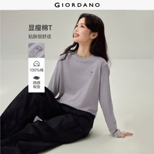 Giordano Beau Monde Women 100% Cotton bear embroidery long sleeve tee Free Shipping 13326796