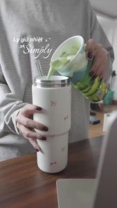 Ly giữ nhiệt Simply Inox 316 Phủ Sứ 735ml ống hút thủy tinh cốc giữ nhiệt Fan House khắc tên