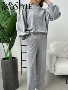 Velvet Pajamas For Women 2 Piece Sets Knitted O Neck Lantern Sleeve Sleepwear Female Loose Trouser Suits Autumn Casual