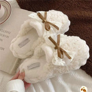 Fashionable Sweet Cute Bow Plush Maternity Shoes For Women Winter Student Non-Slip Home Cotton Slippers