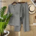 Celmia ZANZEA Women Two-piece Outfits Retro 3/4 Sleeve Loose Top Elastic Waist Trousers Grid Printed Sets #1208. 