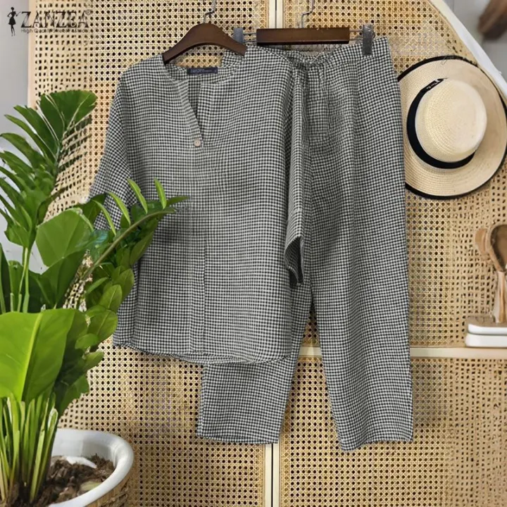Celmia%20ZANZEA%20Women%20Two-piece%20Outfits%20Retro%203/4%20Sleeve%20Loose%20Top%20Elastic%20Waist%20Trousers%20Grid%20Printed%20Sets%20#1208%20-%20Image%203