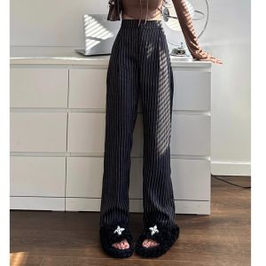 Korean Striped Elastic Waist Suit Pants For Women Wide Leg Loose Pants