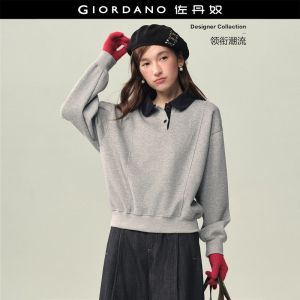 Giordano Women Contrast doll collar long sleeve polo shirt Free Shipping 18316506