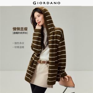 Giordano Beau Monde Women Striped mid-length hooded cardigan Free Shipping 13356626