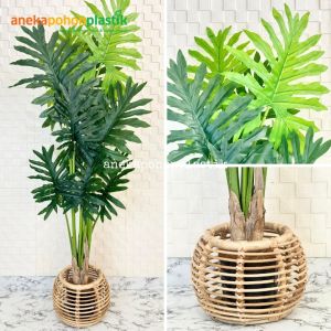 Pohon Hias Imitasi Daun Jari Jari Variasi T120 T140 T160 Latex + Cover Rotan Lampion Dekorasi Sudut Ruang Tamu Sudut Kantor
