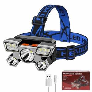 COD Headlamp Senter Kepala 5 LED Super Terang Waterproof Rechargeable USB 3 Mode Cahaya Outdoor
