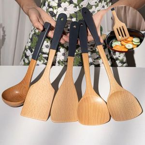 LIANG 3/5 Pcs Anti-scalding Wooden Cooking Kitchenware Set Reusable Non-stick Kitchen Spoon Spatula Set Durable Long Handle Cooking Utensil Set Non-stick Pan