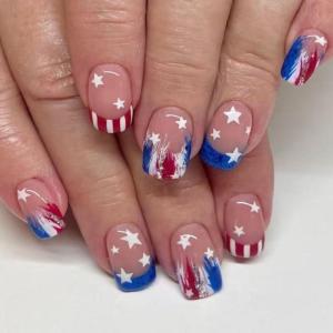 Independence Day French Tip Press on Nail Short Square Fake Nail Glues on Nail Artificial False Nail for Nail Decors