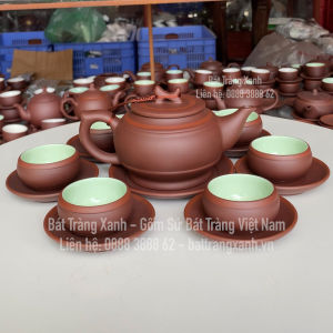 Bộ Ấm Trà Bát Tràng Cao Cấp - Bộ Ấm Trống Chỉ Men Ngọc Đủ Phụ Kiện - Ấm Chén Nghệ Nhân Vương Mạnh Tuấn