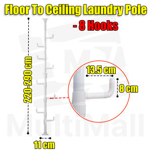 Adjustable Standing Laundry pole Tension Rod with 8 Hooks Multi-functional Drying Stand for Drying or Hanging Scarfs Hats Caps Towels Clothes Blouses Bags and Coats