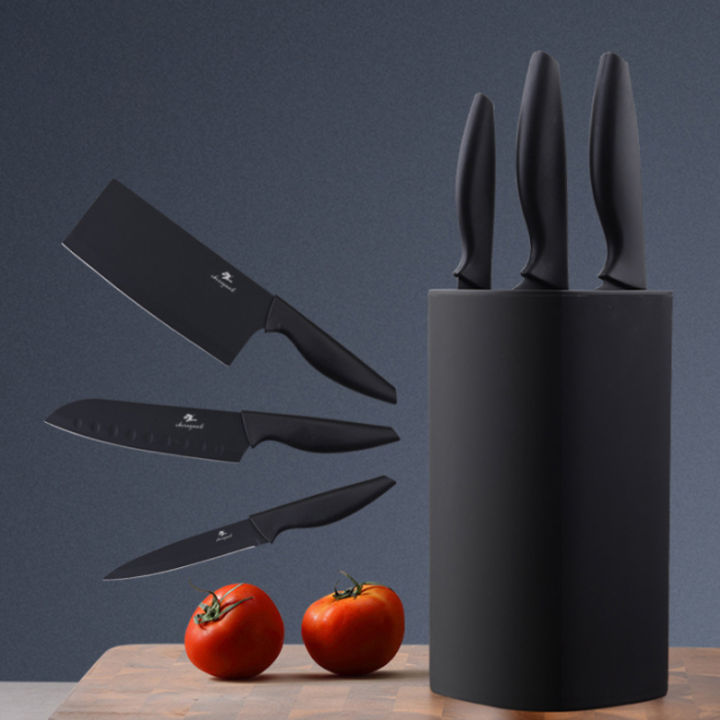 High Quality 3Cr13 martensitic Stainless Steel Multifunction Kitchen Knife Sets 4-Piece Kitchen Tools Knife Storage Rack （black）