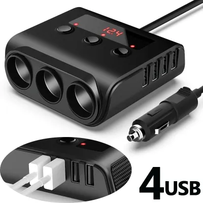 Car Charger 12V/24V 100W 4 USB Ports 3 Socket Lighter Splitter USB Car Charger Adapter With Voltage Monitor On Off Switch For IPhone IPad GPS Dash Cam Sat Nav Etc