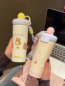 AU High-quality cartoon floating ball insulated cup 316 Stainless steel insulated water bottle suitable for outdoor use with a portable design and a straw for easy drinking