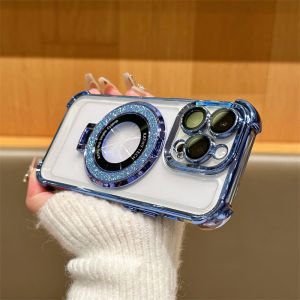 Glitter MagSafe Magnetic Bracket Airbag Shockproof Phone Case For iPhone 17 16 15 14 Pro Max Plus 13 12 11 Pro Max XR Wireless Charging Phone Casing Transparent Anti-fall Phone Cover With Stand Holder With Lens Films Protection