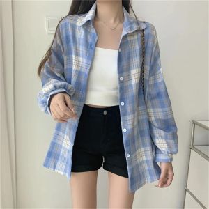 Korean Plaid Blouses for Women Fashion Long Sleeve Check Shirt Ladies Spring New Slim Fit Casual Loose Single-breasted Shirts2026