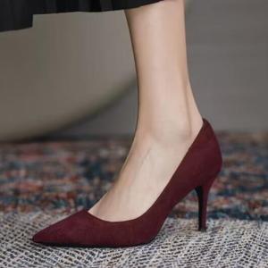 Free Shipping Hong Kong-Style Retro Burgundy WomenS High Heels Plus-Size Pointed-Toe Black Stiletto Heels Suede-Textured Work Shoes