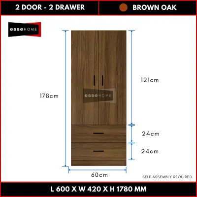 [178CM] EsseHome 2 Door 2 Drawer Wardrobe Cabinet Cupboard Storage Almari Baju Almari 2 Laci