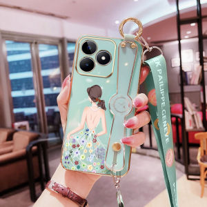 YBD New Design Wrist Band Holder Phone case For OPPO Realme C53 C51 Plating Casing Precise Camera Protection Case Beautiful Girl Pattern Cellphone Case