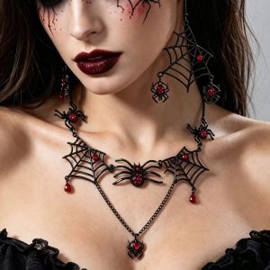 MACRAMEX Rhinestone Halloween Spider Necklace Ornate Black-Toned Earring Necklace Set Vintage Eye-Catching Gothic Jewelry Set Cosplay