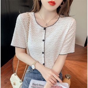 Áo sơ mi ren cổ tròn tay ngắn ao ren hoa Quảng Châu