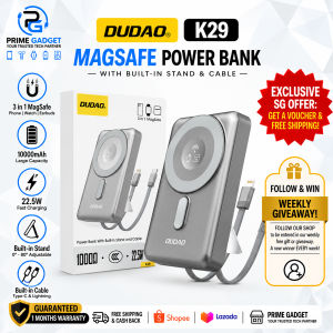 DUDAO K29 10000mAh MagSafe Power Bank 20W PD Fast Charging Magnetic Wireless Charger with Metal Case Stand Built-in USB-C Lightning Cables