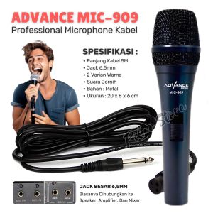 Microphone ADVANCE MIC-909 | Mic Kabel Jack Besar 6.5mm Karaoke Panjang Kabel 5 Meter Profesional Dynamic Microphone Suara Jenih