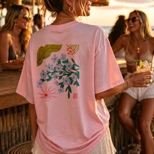 [Local Stock] HBESTY  Fashion Floral Short Sleeve Crewneck Relaxed Fit Tunic Top Botanical Abstract Pink Leaf Flower Stem Geometric Shape Blouse Tops