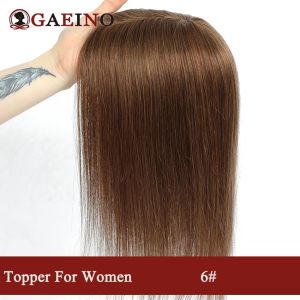 Straight Hair Topper Real Human Hair 4 #   Chocolate Brown Light Brown Toppers With Bangs Silk Base Clip In Topper For Women2026