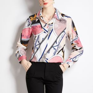 2023 New Korean Fashion Pink Blue Chiffon Soft Fabric Long Sleeve Shirts Casual Work OL Print Shirt Tops Atasan Kemeja Pendek Wanita Kasual Lengan Panjang