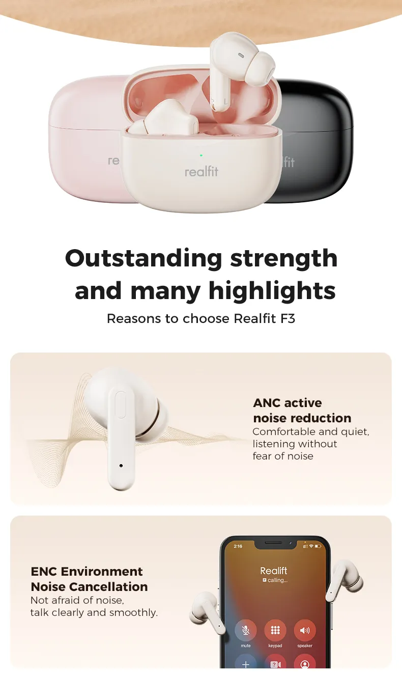 Realfit F3 หูฟังบลูทูธ -38dB ตัดเสียงรบกวน 360° Blutooth 5.4 เสียงเบสที่ดีเยี่ยม