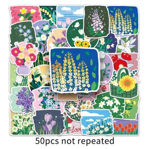 50pcs Original Oil Painting Style Flower Sticker INS Style Small Fresh Art Style Plant Flower Sticker Waterproof Decorative Laptop