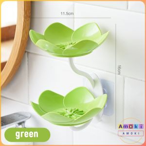 Amoki【Ready in Stock】 Double Layer Lotus Shaped Flowers Shape Soap Dish Soap Box Punch-free Wall Mounted