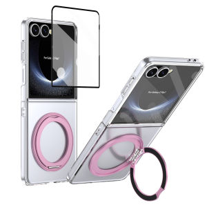 For Samsung Galaxy Z Flip7 6 5 4 3 HD Clear 360° Swivel Bracket Metal Lens Ring Tempered Glass Film Wireless Charging Phone Case