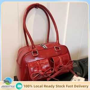 Jocestyle Women Stylish Underarm Bag Double Pockets PU Leather Daily Commuting Bag with Bow Simple Shopping Bag Solid Color for Travel Vacation