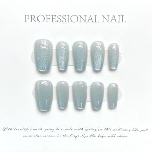 [HANDMADE]Artificial Nail Dreamy Cool Summer Fairy Sea Salt Ice Blue Cat Eye Phototpy Nails Reusable and Removable Nails