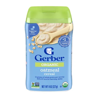 Gerber Organic Oatmeal Baby Cereal 227G - From 6 Months [Lids may vary]