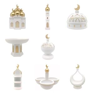 Kirilgu Ramadans Eid Home Decorations Gold and White Mosque Tower Islamic Eid Mubarak Decors Table Ornament Gift for Women Men 3T7R1