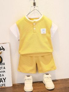Baby Boy Clothes Set Cotton Waffle Knit Mock Two‑Piece Top Matching Shorts Terno For Kids Boy Casual Daily Outfit 6 Months ‑ 5 Years Old