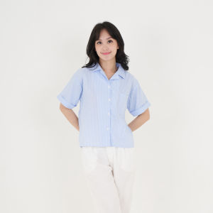 QUEENTIN Kemeja Long Back Wanita 0625 Katun Yarn Dyed Motif Salur Lengan Pendek