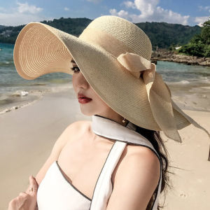 Wide Brim Bowknot Ribbon Beach Hat Ladies Summer Outdoor Beach Sunshade Breathable Hat