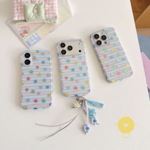Phone Case For iPhone 17 Pro Max 16 15 TPU Keychain Chain Blue Colorful Stripe Glitter Powder Cover Classic Couple Korean