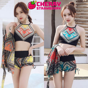 ชุดว่ายน้ำชุดบิกีนี่3ชิ้น เสื้อใส่เดียวเอวลอยกางเกงขาสั้นพร้อมผ้าคลุมใส่ว่ายน้ำเดินชายหาด 💖🤽♀️