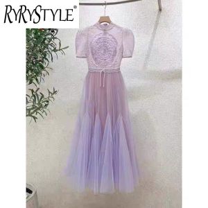 RYRYSTYLE Gong Tingfeng Embroidered Lace Purple Dress Womens Design Sense Heavy Work Beaded Skirt 1434