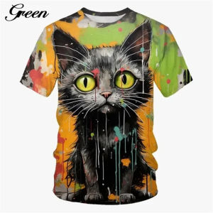 Cute Cat Pattern T-Shirt For Men Colorful Animal 3D Printed T Shirts Women Short-Sleeved Round Neck Tops Streetwear Kids Tees